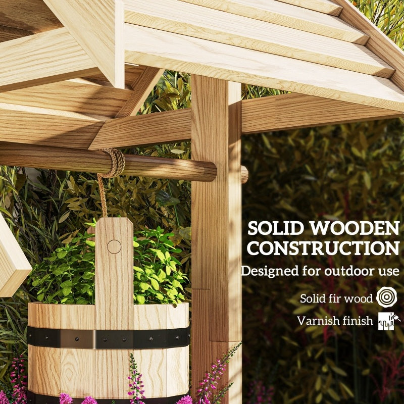 Wood Wishing Well For Outside With Hanging Bucket, Wishing Well Planter With Drain Hole For Garden Patio, Natural