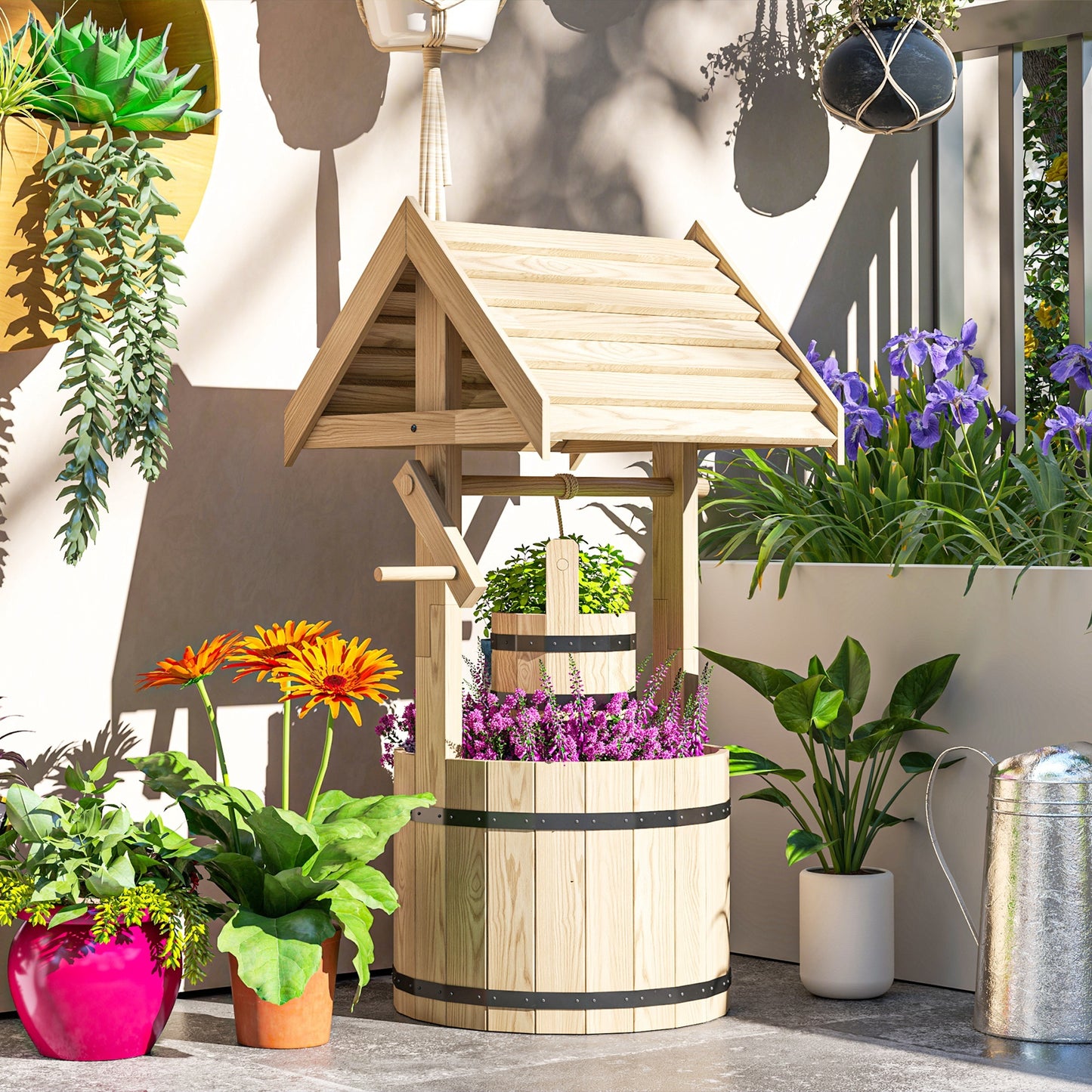 Wood Wishing Well For Outside With Hanging Bucket, Wishing Well Planter With Drain Hole For Garden Patio, Natural