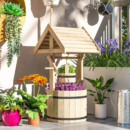 Wood Wishing Well For Outside With Hanging Bucket, Wishing Well Planter With Drain Hole For Garden Patio, Natural
